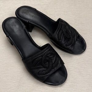 CHANEL Black Braided CC Block Heel Mule Lambskin Leather Sandals